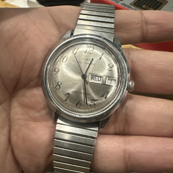 Timex Other - Works 1979 Vintage Timex Automatic Day Date Silver-Tone Mens Watch 38mm Fit 8in